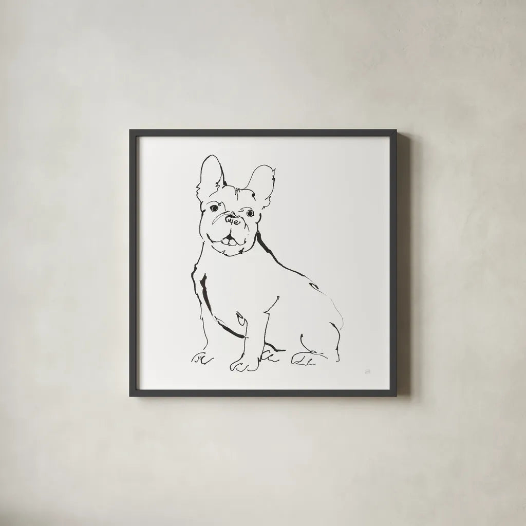 Line Dog French Bulldog II by Chris Paschke. Shown in a sleek black glass frame for a contemporary gallery look. Available as an archival giclee rolled canvas, fine art paper, or poster print. SKU 63552a.