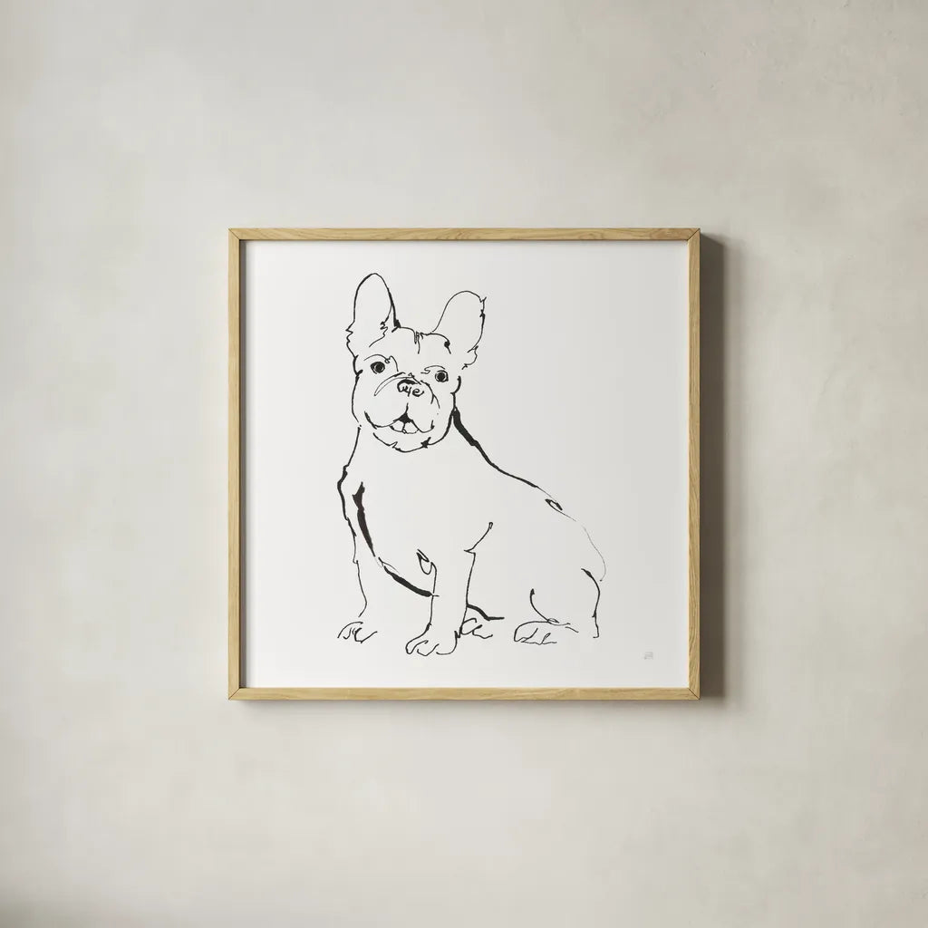 Line Dog French Bulldog II by Chris Paschke. Shown in a natural wood glass frame for a timeless modern aesthetic. Available as an archival giclee rolled canvas, fine art paper, or poster print. SKU 63552a.