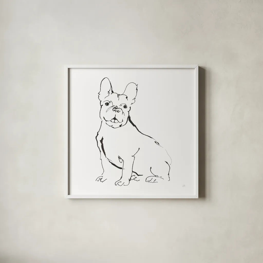 Line Dog French Bulldog II by Chris Paschke. Shown in a crisp white glass frame for a clean and minimalist style. Available as an archival giclee rolled canvas, fine art paper, or poster print. SKU 63552a.