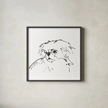 Line Dog Pekingese by Chris Paschke. Shown in a sleek black glass frame for a contemporary gallery look. Available as an archival giclee rolled canvas, fine art paper, or poster print. SKU 63553a.