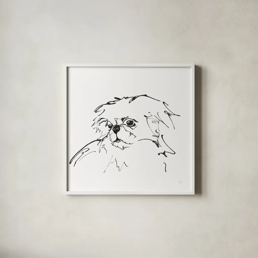 Line Dog Pekingese by Chris Paschke. Shown in a crisp white glass frame for a clean and minimalist style. Available as an archival giclee rolled canvas, fine art paper, or poster print. SKU 63553a.