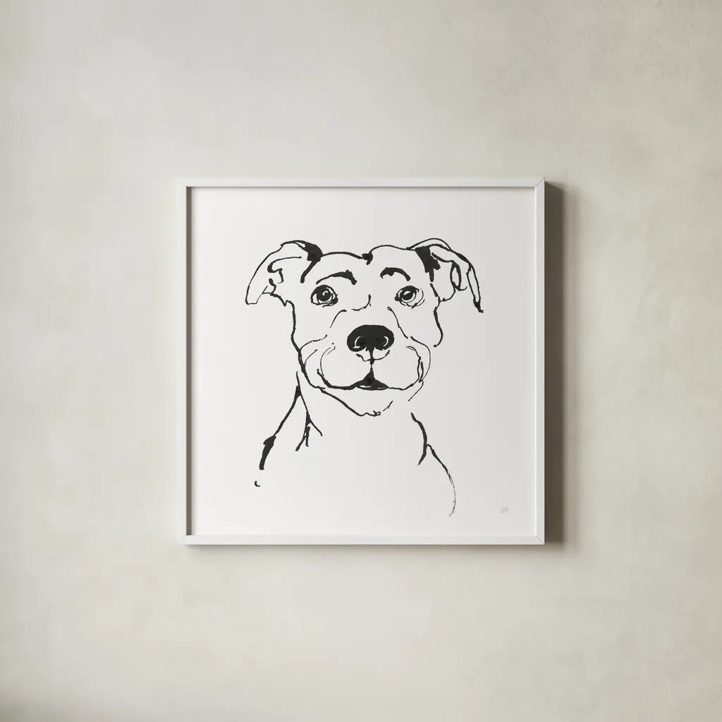 Line Dog Pitbull I by Chris Paschke. Shown in a crisp white glass frame for a clean and minimalist style. Available as an archival giclee rolled canvas, fine art paper, or poster print. SKU 63686a.