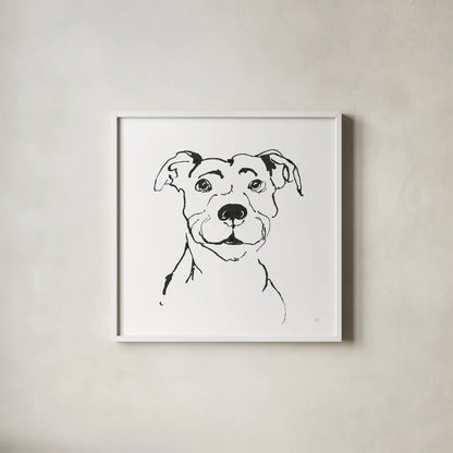 Line Dog Pitbull I by Chris Paschke. Shown in a crisp white glass frame for a clean and minimalist style. Available as an archival giclee rolled canvas, fine art paper, or poster print. SKU 63686a.