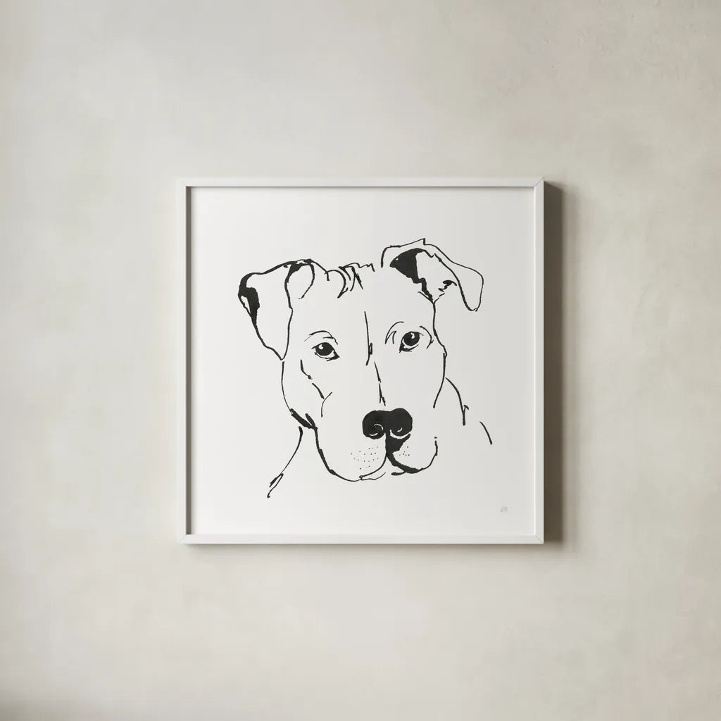 Line Dog Pitbull II by Chris Paschke. Shown in a crisp white glass frame for a clean and minimalist style. Available as an archival giclee rolled canvas, fine art paper, or poster print. SKU 63687a.