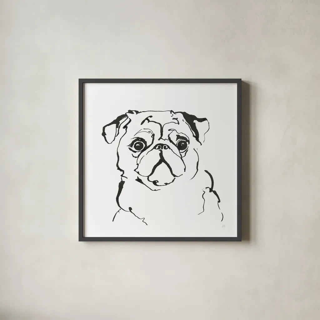 Line Dog Pug I by Chris Paschke. Shown in a sleek black glass frame for a contemporary gallery look. Available as an archival giclee rolled canvas, fine art paper, or poster print. SKU 63554a.