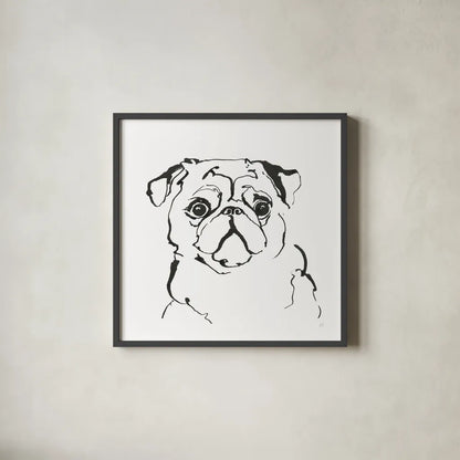 Line Dog Pug I by Chris Paschke. Shown in a sleek black glass frame for a contemporary gallery look. Available as an archival giclee rolled canvas, fine art paper, or poster print. SKU 63554a.