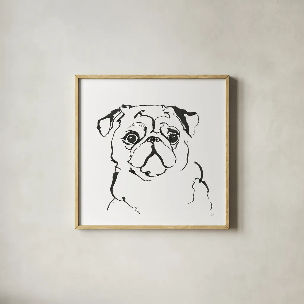 Line Dog Pug I by Chris Paschke. Shown in a natural wood glass frame for a timeless modern aesthetic. Available as an archival giclee rolled canvas, fine art paper, or poster print. SKU 63554a.
