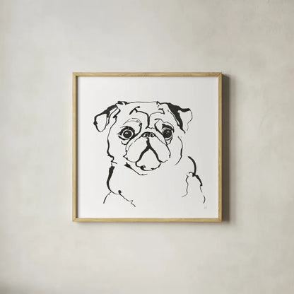 Line Dog Pug I by Chris Paschke. Shown in a natural wood glass frame for a timeless modern aesthetic. Available as an archival giclee rolled canvas, fine art paper, or poster print. SKU 63554a.