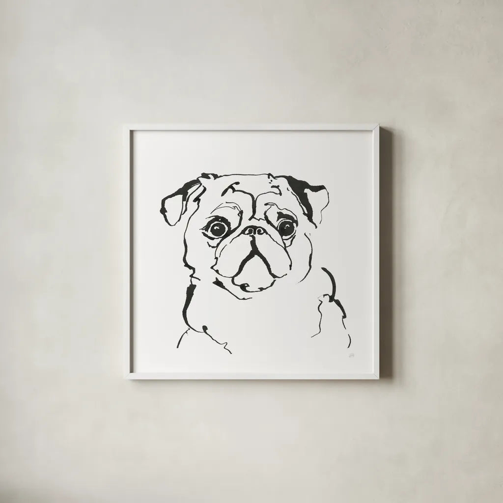 Line Dog Pug I by Chris Paschke. Shown in a crisp white glass frame for a clean and minimalist style. Available as an archival giclee rolled canvas, fine art paper, or poster print. SKU 63554a.