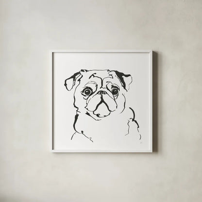 Line Dog Pug I by Chris Paschke. Shown in a crisp white glass frame for a clean and minimalist style. Available as an archival giclee rolled canvas, fine art paper, or poster print. SKU 63554a.