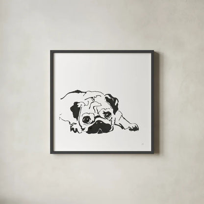 Line Dog Pug II by Chris Paschke. Shown in a sleek black glass frame for a contemporary gallery look. Available as an archival giclee rolled canvas, fine art paper, or poster print. SKU 63555a.