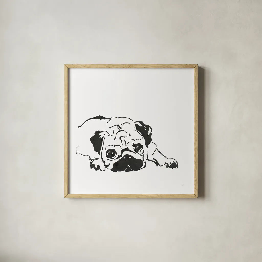 Line Dog Pug II by Chris Paschke. Shown in a natural wood glass frame for a timeless modern aesthetic. Available as an archival giclee rolled canvas, fine art paper, or poster print. SKU 63555a.