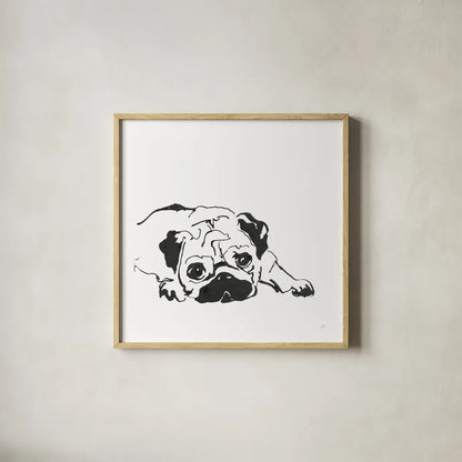 Line Dog Pug II by Chris Paschke. Shown in a natural wood glass frame for a timeless modern aesthetic. Available as an archival giclee rolled canvas, fine art paper, or poster print. SKU 63555a.
