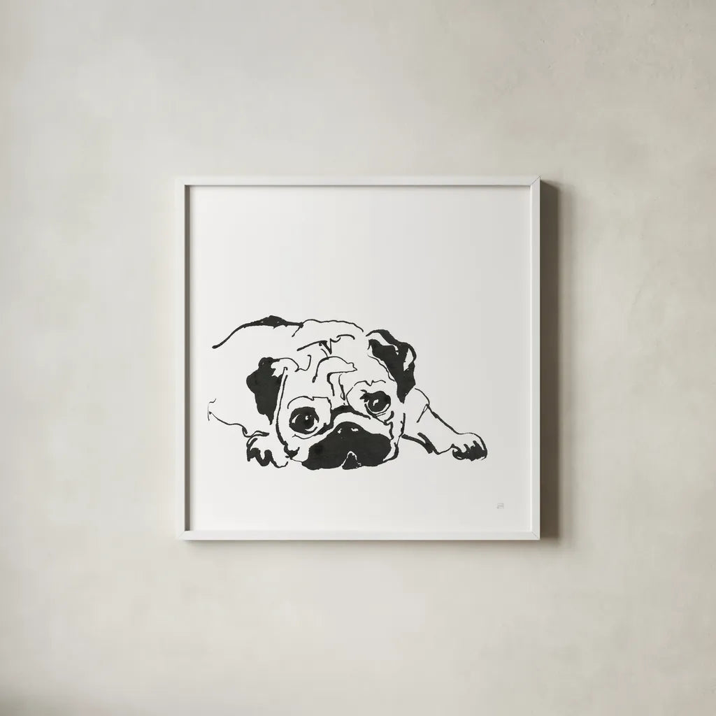 Line Dog Pug II by Chris Paschke. Shown in a crisp white glass frame for a clean and minimalist style. Available as an archival giclee rolled canvas, fine art paper, or poster print. SKU 63555a.