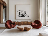 Line Dog Pug II by Chris Paschke. Shown as extra-large giant wall art in a modern living room. Available as an archival giclee rolled canvas, fine art paper, or poster print. SKU 63555a.
