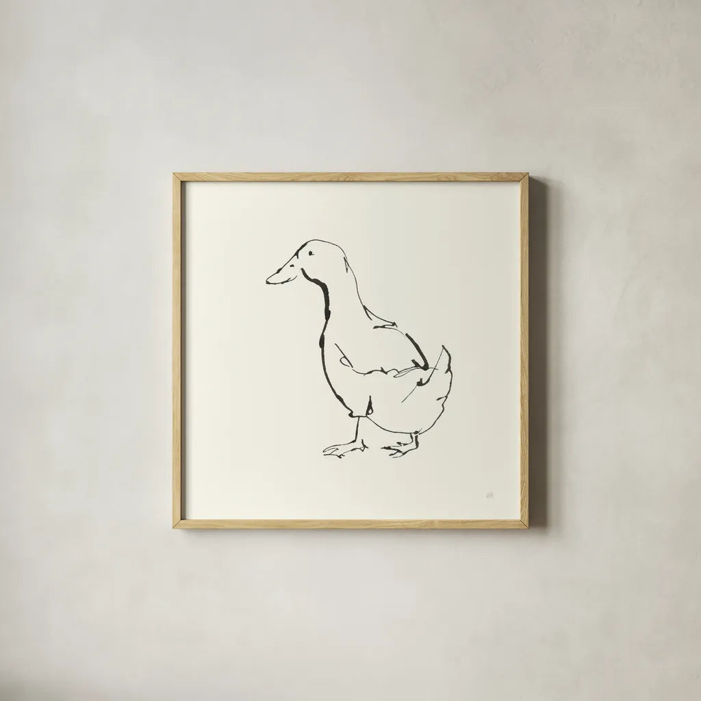 Line Duck I by Chris Paschke. Shown in a natural wood glass frame for a timeless modern aesthetic. Available as an archival giclee rolled canvas, fine art paper, or poster print. SKU 58323a.