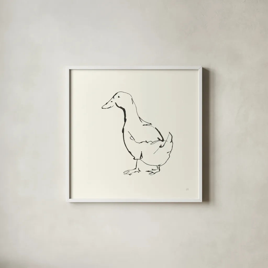 Line Duck I by Chris Paschke. Shown in a crisp white glass frame for a clean and minimalist style. Available as an archival giclee rolled canvas, fine art paper, or poster print. SKU 58323a.
