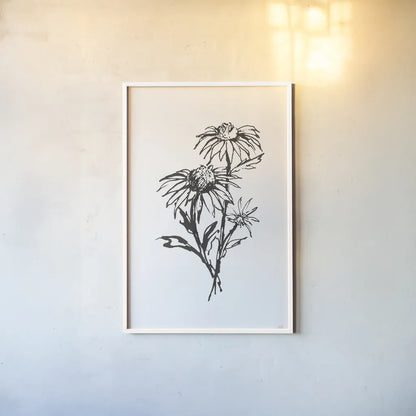 Line Echinacea III by Chris Paschke. shown as a paper print in a white frame. Available as a archival giclee rolled canvas, fine art paper, or poster print. SKU 64881h.