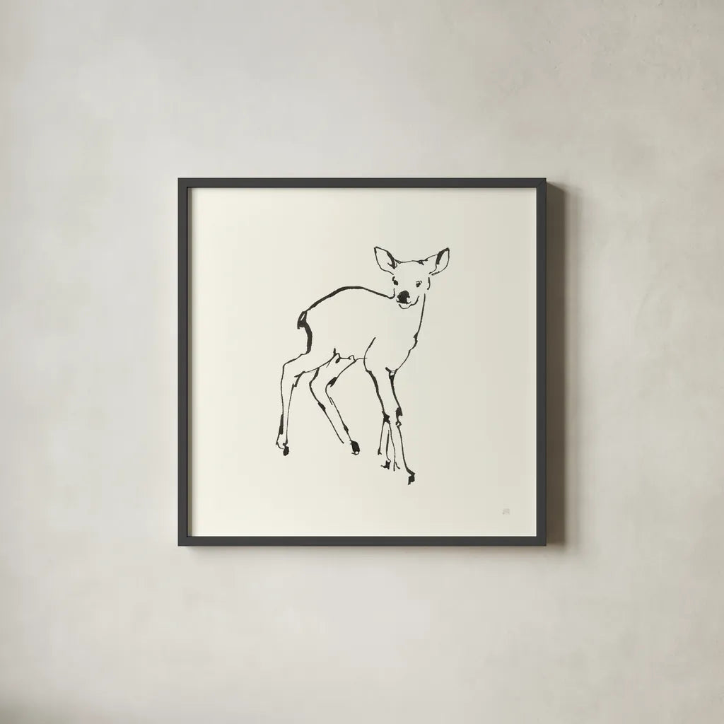 Line Fawn by Chris Paschke. Shown in a sleek black glass frame for a contemporary gallery look. Available as an archival giclee rolled canvas, fine art paper, or poster print. SKU 58328a.