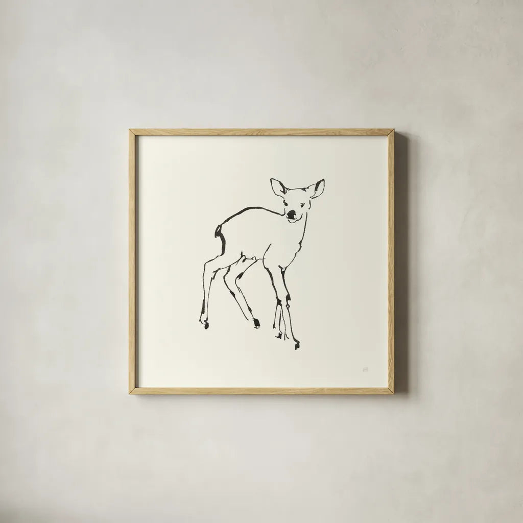 Line Fawn by Chris Paschke. Shown in a natural wood glass frame for a timeless modern aesthetic. Available as an archival giclee rolled canvas, fine art paper, or poster print. SKU 58328a.