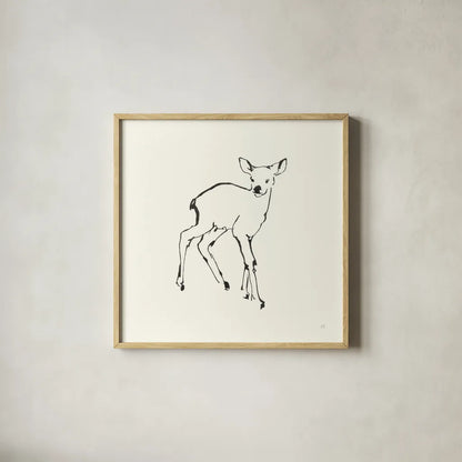 Line Fawn by Chris Paschke. Shown in a natural wood glass frame for a timeless modern aesthetic. Available as an archival giclee rolled canvas, fine art paper, or poster print. SKU 58328a.