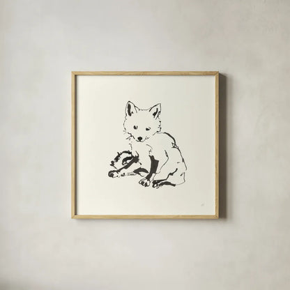Line Fox by Chris Paschke. Shown in a natural wood glass frame for a timeless modern aesthetic. Available as an archival giclee rolled canvas, fine art paper, or poster print. SKU 58331a.