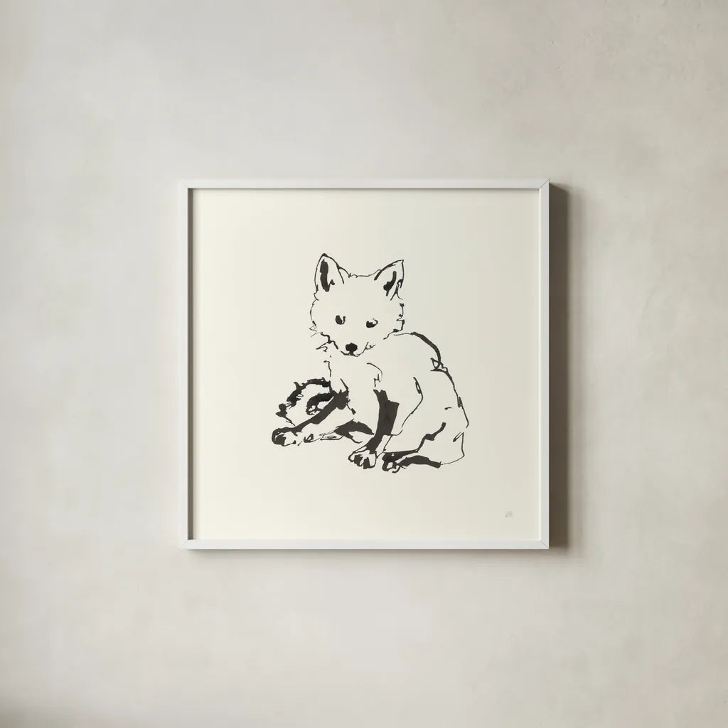 Line Fox by Chris Paschke. Shown in a crisp white glass frame for a clean and minimalist style. Available as an archival giclee rolled canvas, fine art paper, or poster print. SKU 58331a.