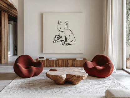Line Fox by Chris Paschke. Shown as extra-large giant wall art in a modern living room. Available as an archival giclee rolled canvas, fine art paper, or poster print. SKU 58331a.