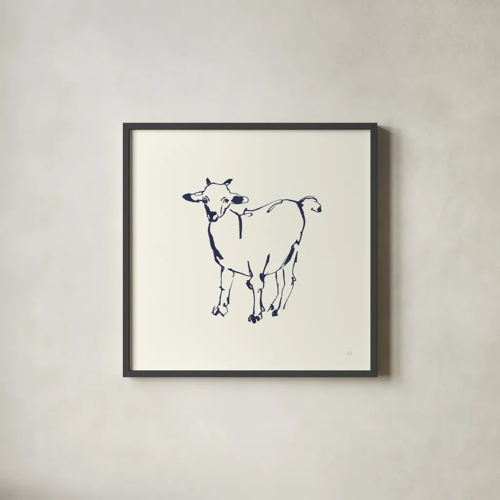 Line Goat Navy by Chris Paschke. Shown in a sleek black glass frame for a contemporary gallery look. Available as an archival giclee rolled canvas, fine art paper, or poster print. SKU 62295a.