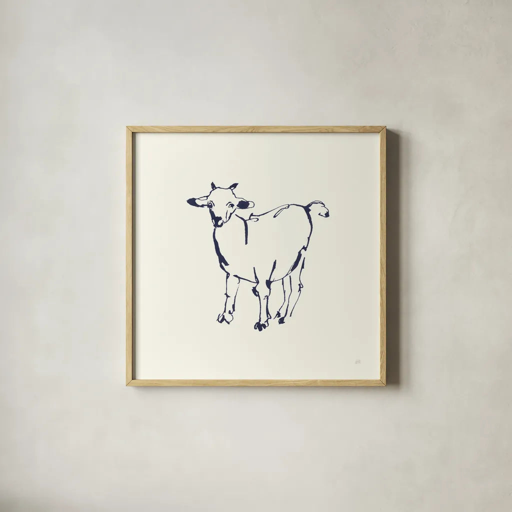Line Goat Navy by Chris Paschke. Shown in a natural wood glass frame for a timeless modern aesthetic. Available as an archival giclee rolled canvas, fine art paper, or poster print. SKU 62295a.