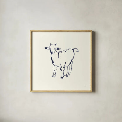 Line Goat Navy by Chris Paschke. Shown in a natural wood glass frame for a timeless modern aesthetic. Available as an archival giclee rolled canvas, fine art paper, or poster print. SKU 62295a.