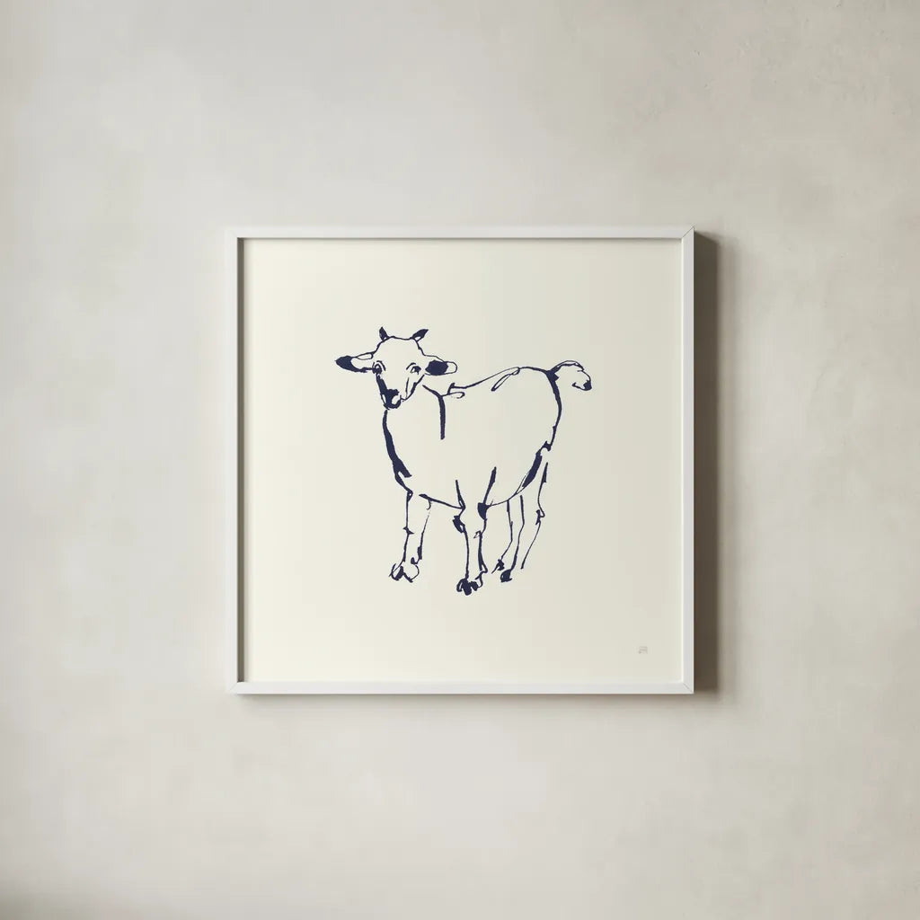 Line Goat Navy by Chris Paschke. Shown in a crisp white glass frame for a clean and minimalist style. Available as an archival giclee rolled canvas, fine art paper, or poster print. SKU 62295a.