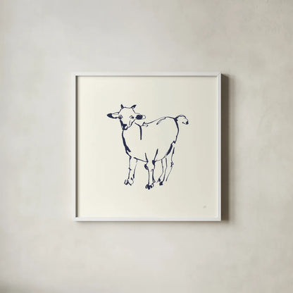 Line Goat Navy by Chris Paschke. Shown in a crisp white glass frame for a clean and minimalist style. Available as an archival giclee rolled canvas, fine art paper, or poster print. SKU 62295a.