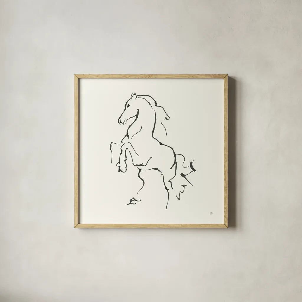 Line Horse I by Chris Paschke. Shown in a natural wood glass frame for a timeless modern aesthetic. Available as an archival giclee rolled canvas, fine art paper, or poster print. SKU 62489a.