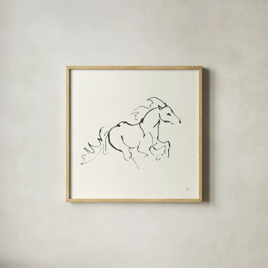 Line Horse II by Chris Paschke. Shown in a natural wood glass frame for a timeless modern aesthetic. Available as an archival giclee rolled canvas, fine art paper, or poster print. SKU 62490a.