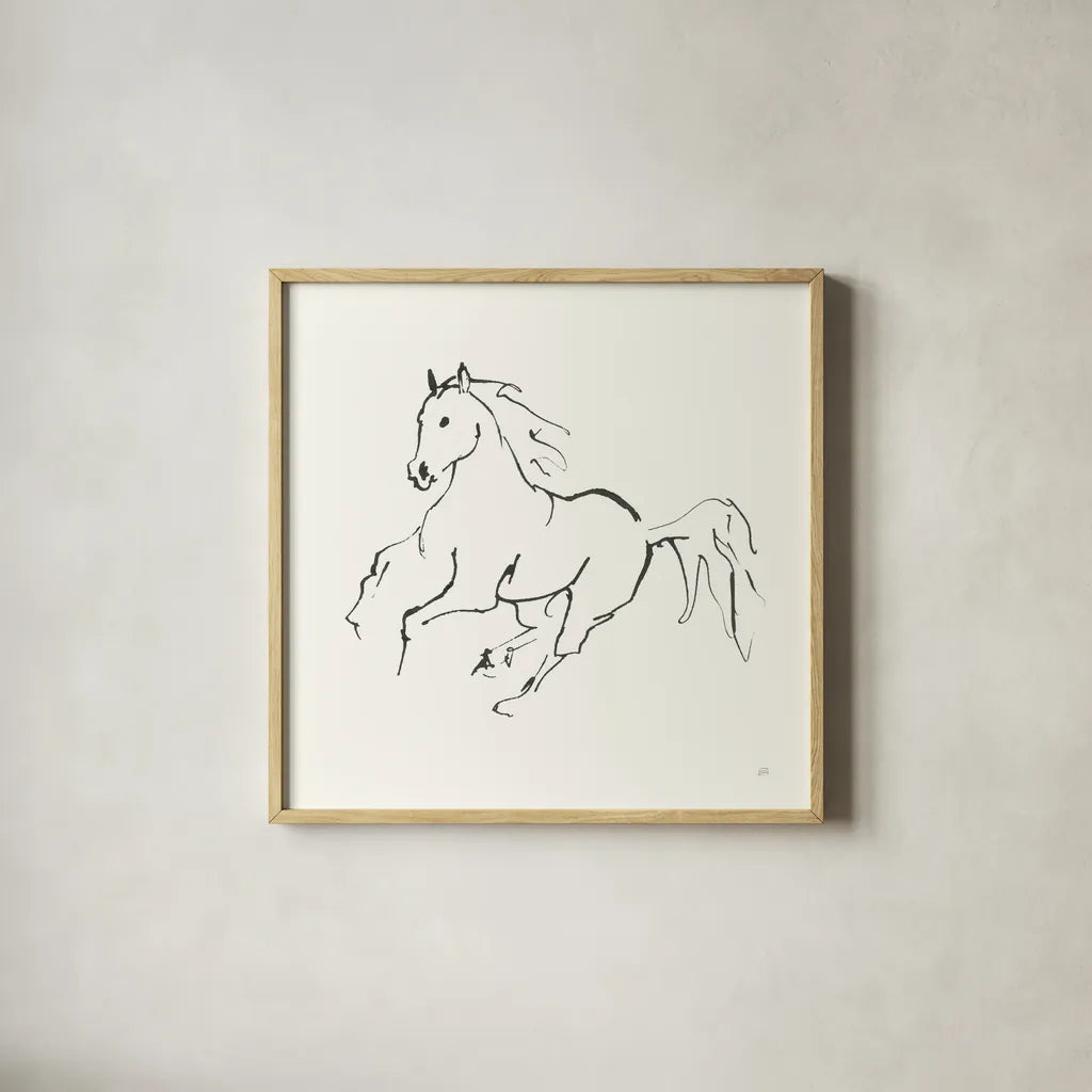 Line Horse III by Chris Paschke. Shown in a natural wood glass frame for a timeless modern aesthetic. Available as an archival giclee rolled canvas, fine art paper, or poster print. SKU 62491a.