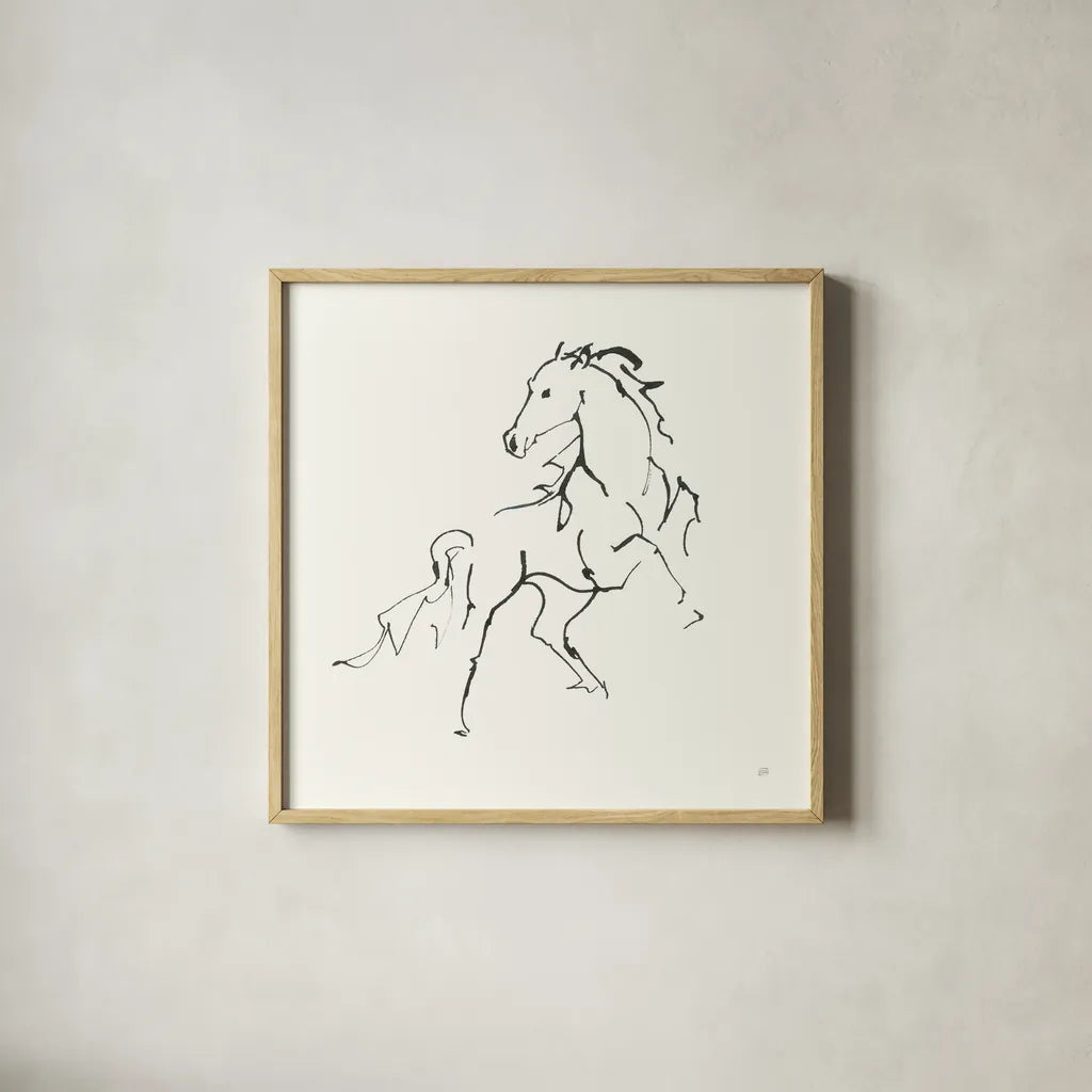 Line Horse IV by Chris Paschke. Shown in a natural wood glass frame for a timeless modern aesthetic. Available as an archival giclee rolled canvas, fine art paper, or poster print. SKU 62492a.