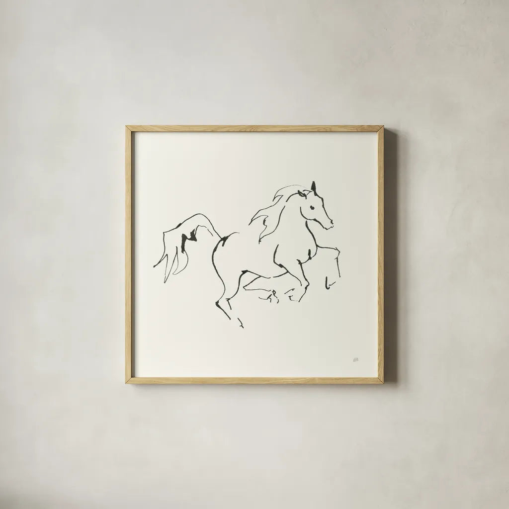 Line Horse V by Chris Paschke. Shown in a natural wood glass frame for a timeless modern aesthetic. Available as an archival giclee rolled canvas, fine art paper, or poster print. SKU 62493a.