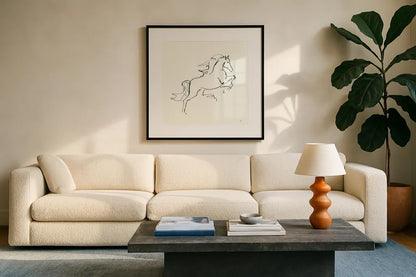 Line Horse VI by Chris Paschke. Displayed in a glass frame with matte in a clean modern living room. Available as an archival giclee rolled canvas, fine art paper, or poster print. SKU 62494a.