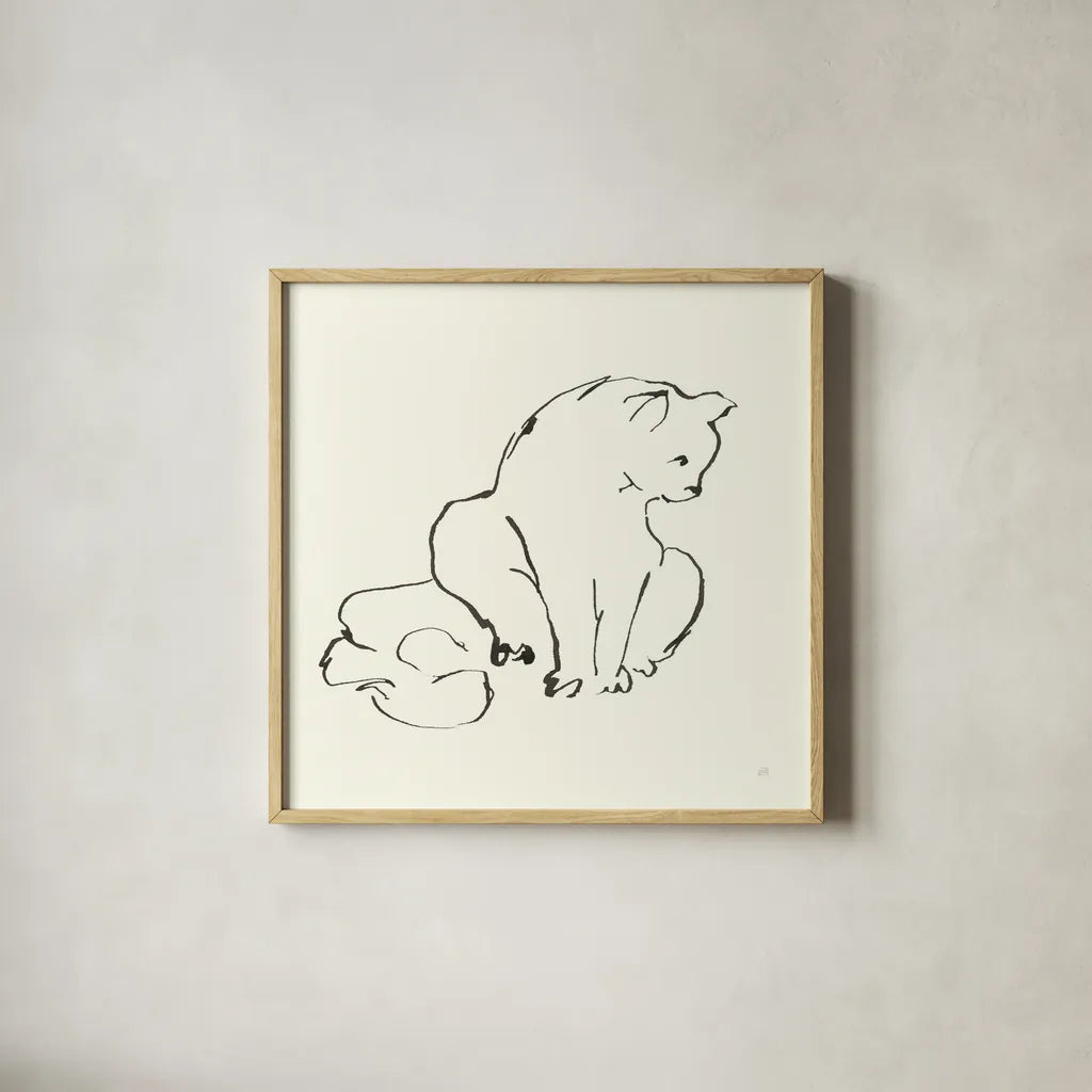 Line Kitten II by Chris Paschke. Shown in a natural wood glass frame for a timeless modern aesthetic. Available as an archival giclee rolled canvas, fine art paper, or poster print. SKU 58637a.