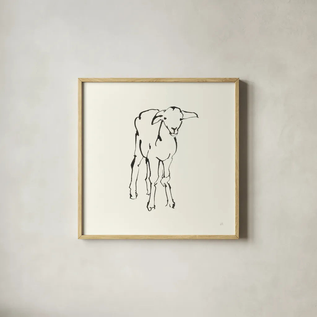 Line Lamb by Chris Paschke. Shown in a natural wood glass frame for a timeless modern aesthetic. Available as an archival giclee rolled canvas, fine art paper, or poster print. SKU 58327a.