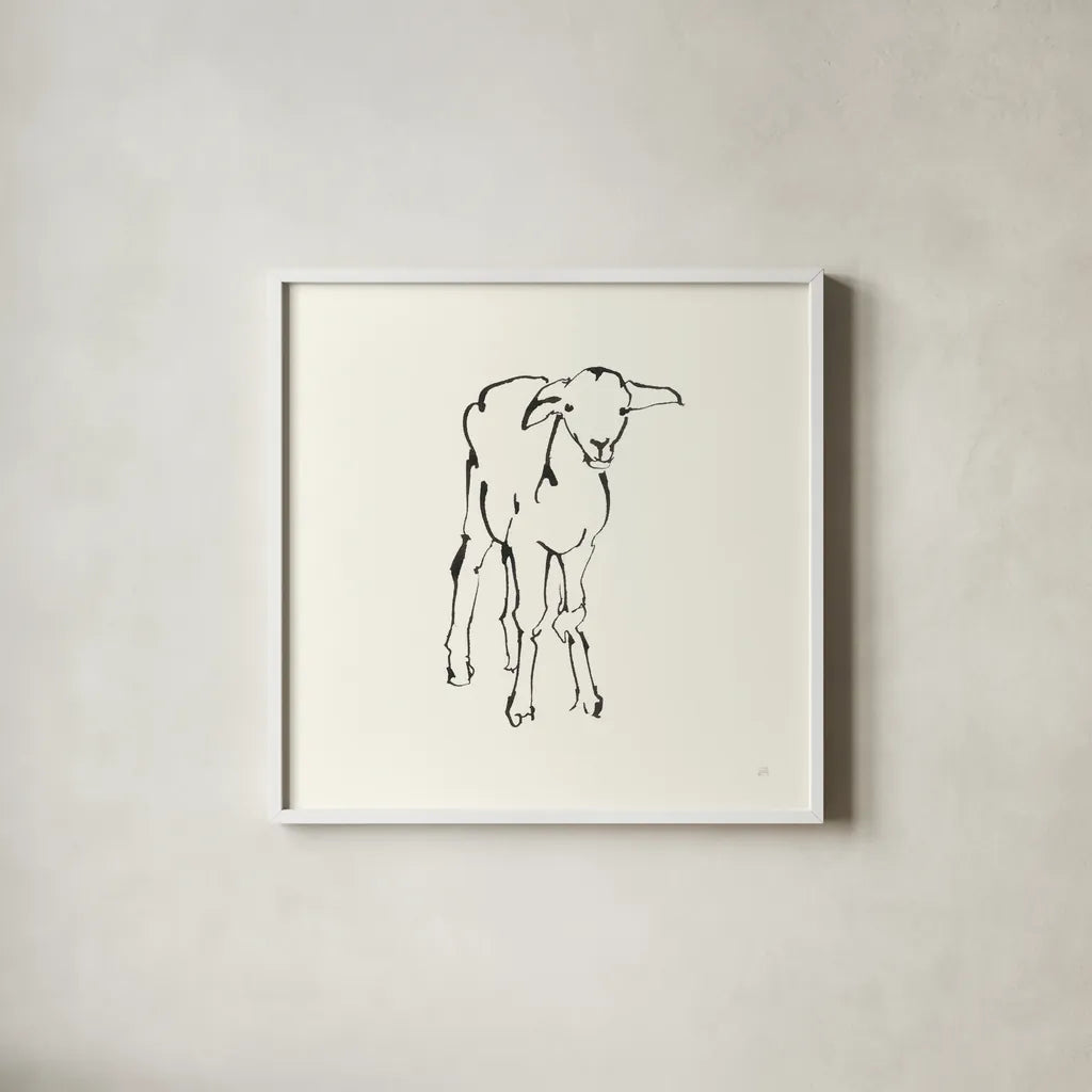 Line Lamb by Chris Paschke. Shown in a crisp white glass frame for a clean and minimalist style. Available as an archival giclee rolled canvas, fine art paper, or poster print. SKU 58327a.