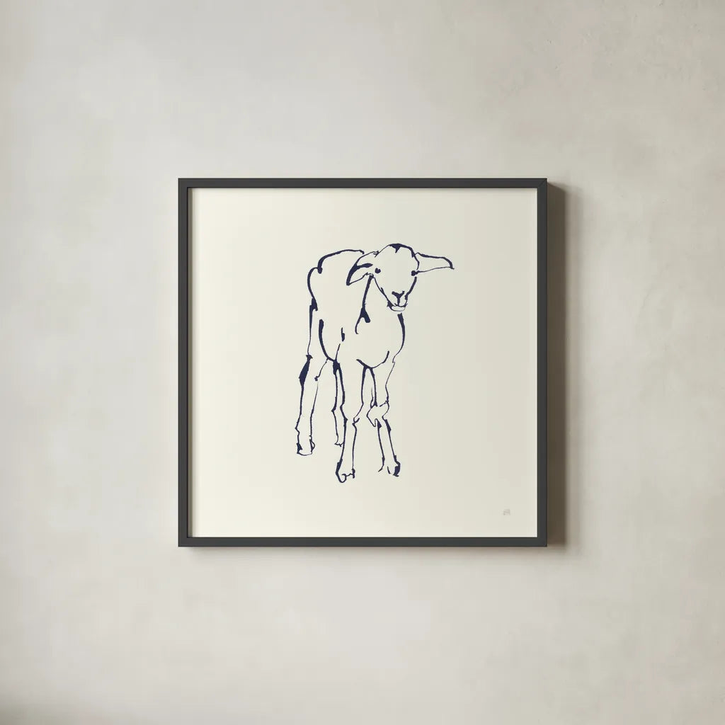 Line Lamb Navy by Chris Paschke. Shown in a sleek black glass frame for a contemporary gallery look. Available as an archival giclee rolled canvas, fine art paper, or poster print. SKU 62296a.
