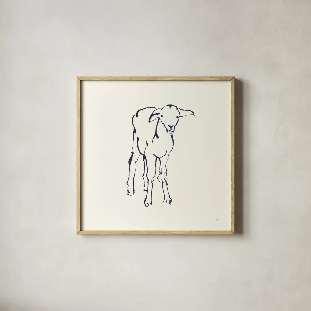Line Lamb Navy by Chris Paschke. Shown in a natural wood glass frame for a timeless modern aesthetic. Available as an archival giclee rolled canvas, fine art paper, or poster print. SKU 62296a.