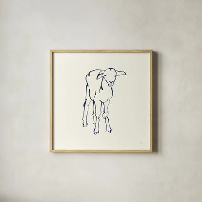 Line Lamb Navy by Chris Paschke. Shown in a natural wood glass frame for a timeless modern aesthetic. Available as an archival giclee rolled canvas, fine art paper, or poster print. SKU 62296a.
