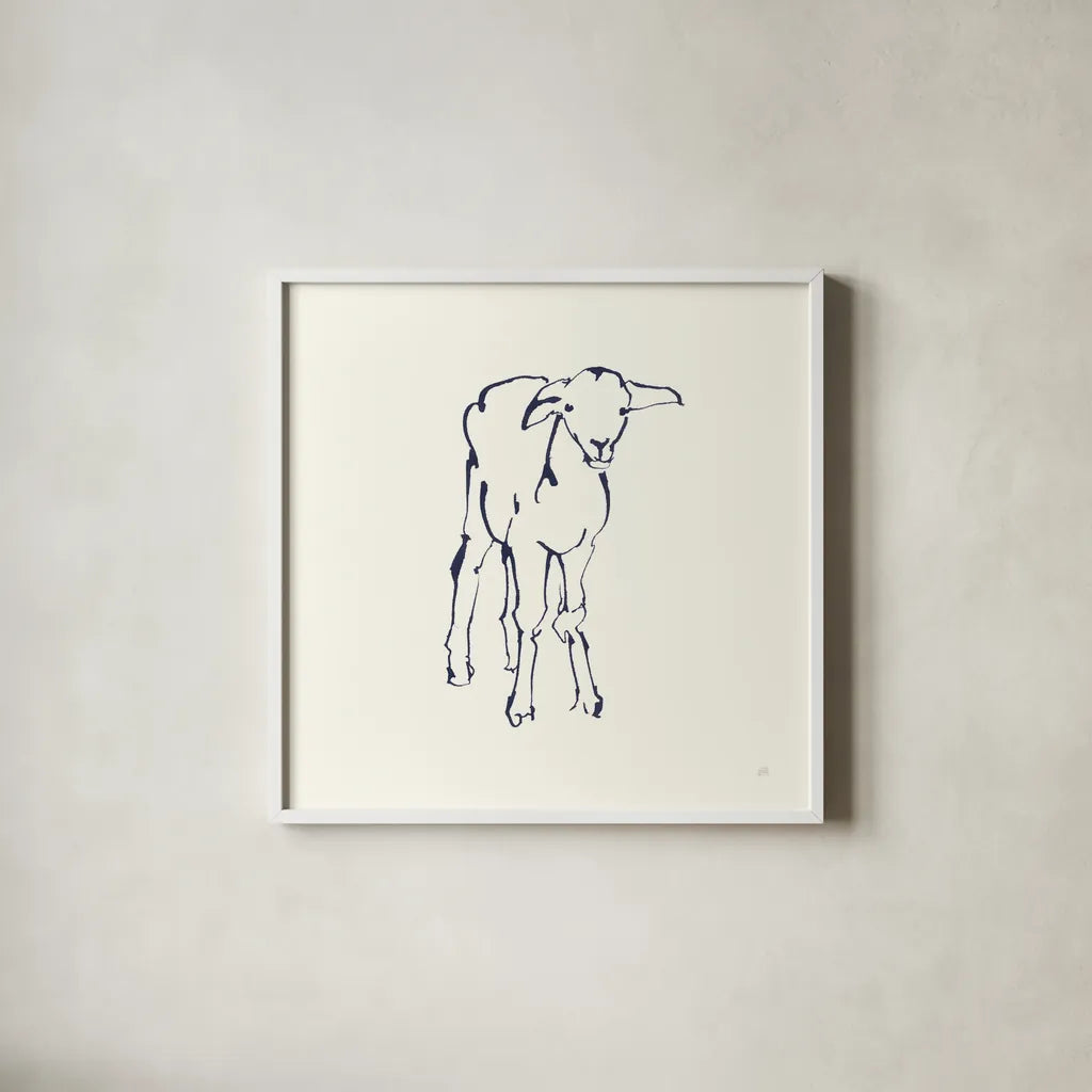 Line Lamb Navy by Chris Paschke. Shown in a crisp white glass frame for a clean and minimalist style. Available as an archival giclee rolled canvas, fine art paper, or poster print. SKU 62296a.