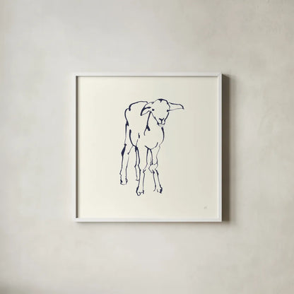 Line Lamb Navy by Chris Paschke. Shown in a crisp white glass frame for a clean and minimalist style. Available as an archival giclee rolled canvas, fine art paper, or poster print. SKU 62296a.