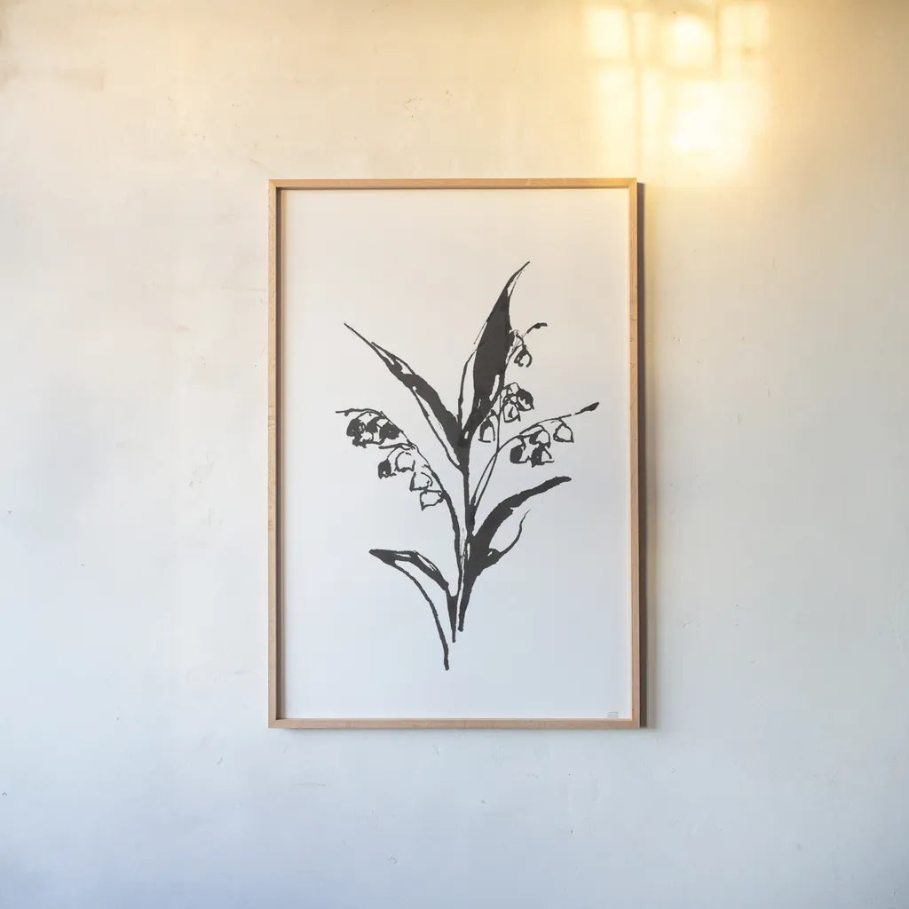 Line Lily of the Valley I by Chris Paschke. shown as a paper print in a natural frame. Available as a archival giclee rolled canvas, fine art paper, or poster print. SKU 64184h.