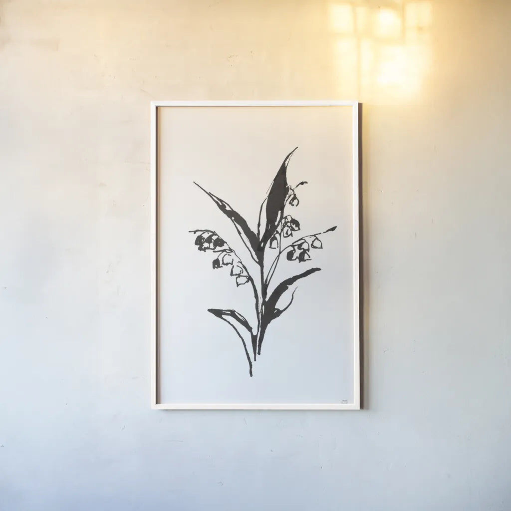 Line Lily of the Valley I by Chris Paschke. shown as a paper print in a white frame. Available as a archival giclee rolled canvas, fine art paper, or poster print. SKU 64184h.