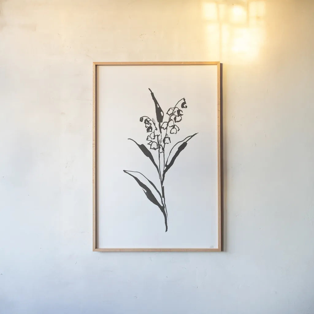 Line Lily of the Valley II by Chris Paschke. shown as a paper print in a natural frame. Available as a archival giclee rolled canvas, fine art paper, or poster print. SKU 64185h.